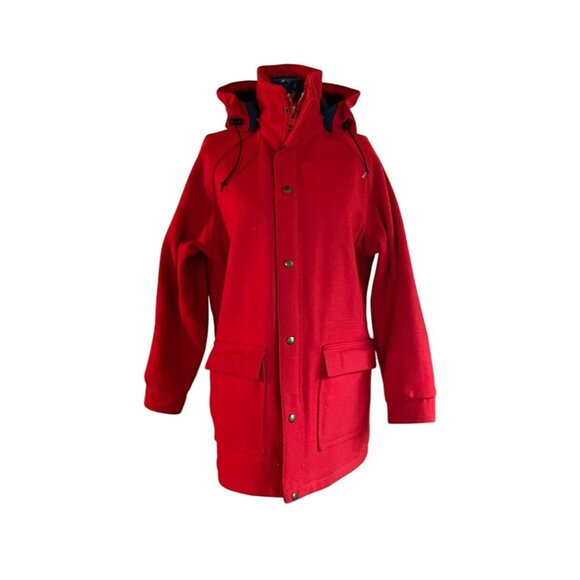 Vintage The Woolrich Woman Red Hooded Wool Blend Coat Size L Made In USA - Picture 2 of 9
